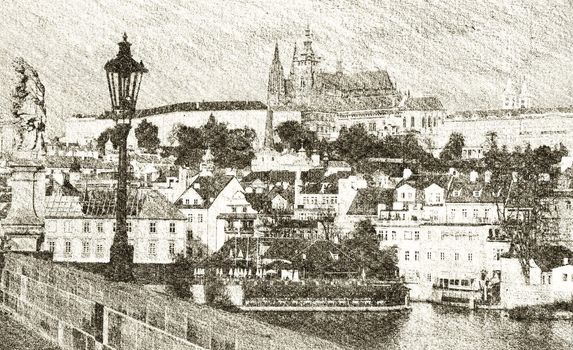 Sketch of Prague Castle, Czech Republic - View From Charles Bridge
