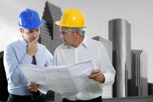 architect engineer two expertise team plan talking hardhat skyscraper buildings