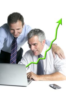 happy businessman team on computer good sales reports graph arrow chart