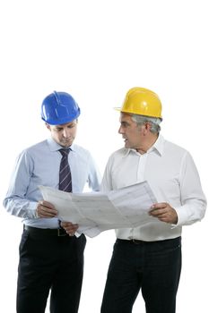 architect engineer two expertise team plan talking hardhat white background