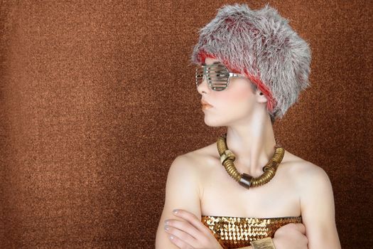 fashion futuristic woman bronze golden profile portrait silver glasses