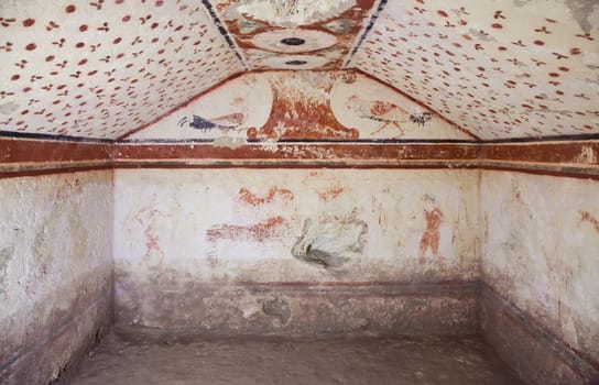 Tarquinia, Italy, around 470 B.C. Via a narrow corridor leading downstair one has access to the rectangular burial room with a sloping ceiling
