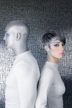 alien silver future couple silver man fashion woman futuristic metaphor