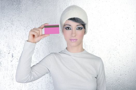 fashion silver winter woman holding business pink card