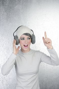 futuristic fashion future woman hearing music silver headphones