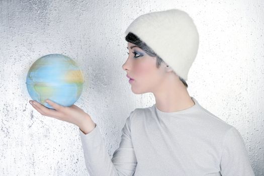 fashion modern silver woman holding global map winter hat