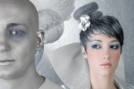 fahion makeup hairstyle woman futuristic silver male alien