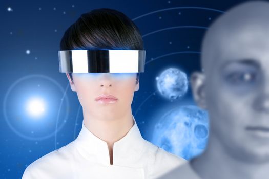 silver futuristic glasses android woman portrait space planets blue background