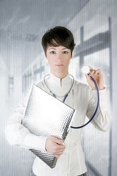 modern future doctor woman stethoscope and silver folder