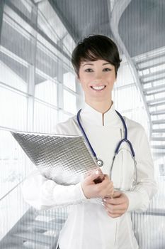 modern future doctor woman stethoscope and silver folder