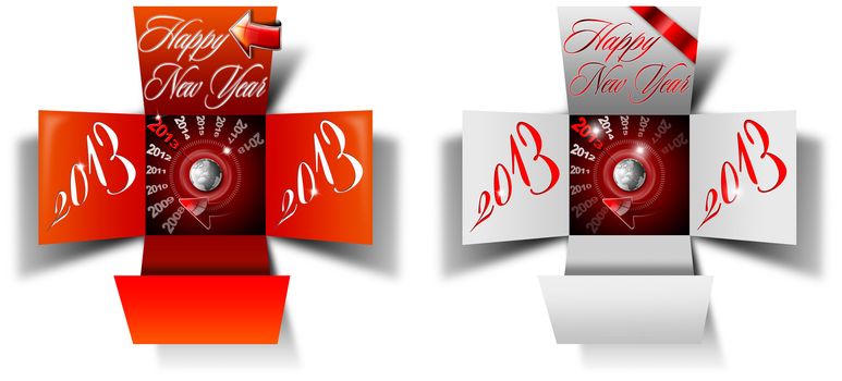 Two open box with timer and written happy new year 2013 on white background