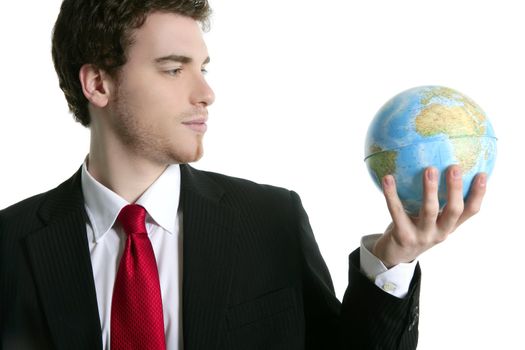 businessman tien suit with world ball global map in hand power communication metaphor