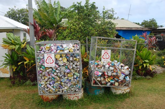 Metal cans recycling station boxes, South Pacific, Kingdom of Tonga