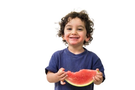 boy and watermelon isolated on white