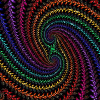 multi colored double spiral over black background formed by many flowers