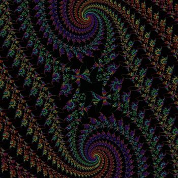 multi colored double spiral over black background formed by many flowers