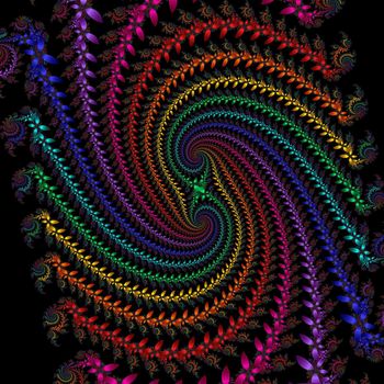 multi colored double spiral over black background formed bymany flowers