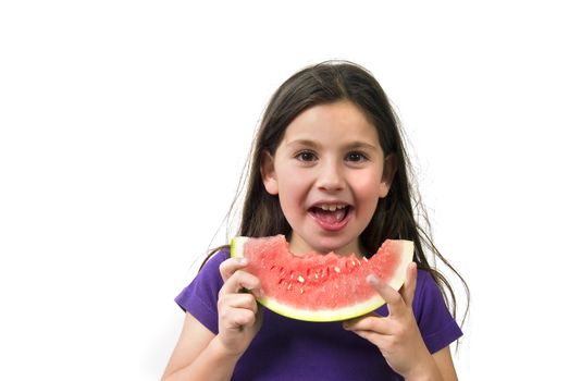 girl eating Watermelon isolated on white background