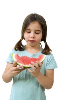 girl eating Watermelon isolated on white background