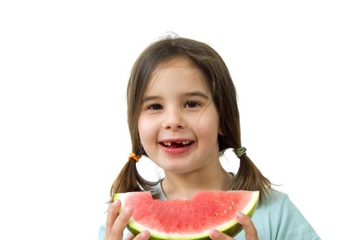 girl eating Watermelon isolated on white background