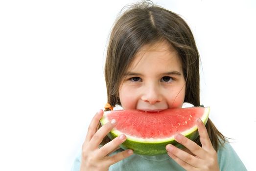 girl eating Watermelon isolated on white background