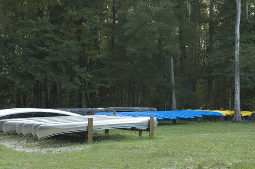 Canoes and kayaks await paddlers.