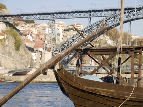 Cityscape with a typical portowine rebelo boat in the forground