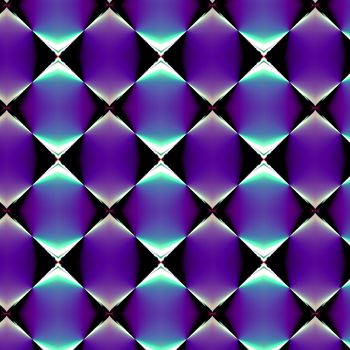 An abstract illustration of a diamond shaped pattern of purple, black, and green tiles. 
