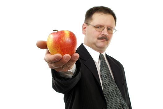 Man with apple isolated on white background