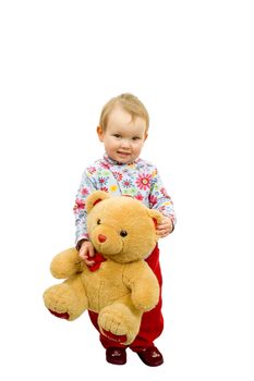 Baby girl with toy bear isolated on white background