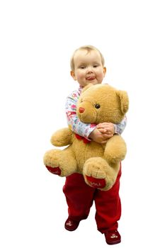 Baby girl with toy bear isolated on white background