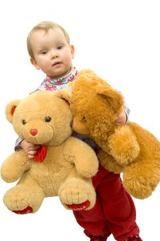 Baby girl with two toy bears  isolated on white background