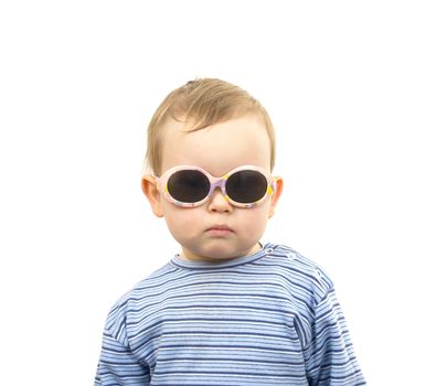 Young girl with sunny glasses isolated on white background