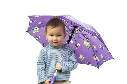 Young girl with violet umbrella isolated on white background