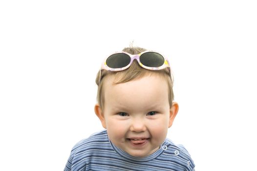 Young girl with sunny glasses isolated on white background