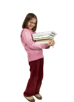 Young girl with pile of books isolated on white background