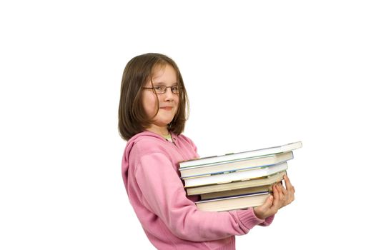 Young girl with pile of books isolated on white background