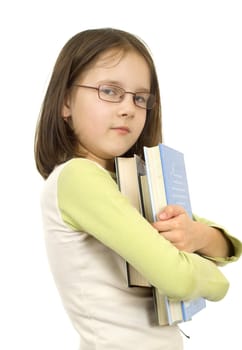 Young girl with books isolated on white background