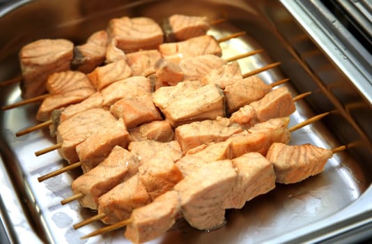 The image of fried fish on skewers