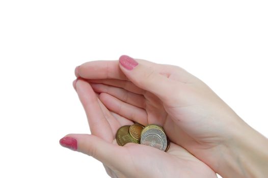 Female hands holding some coins 