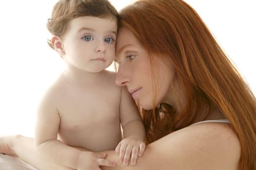 nude baby and mother portrait hug playing white background