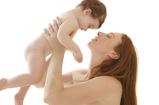 nude baby and mother portrait hug playing white background