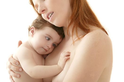 nude baby and mother portrait hug playing white background