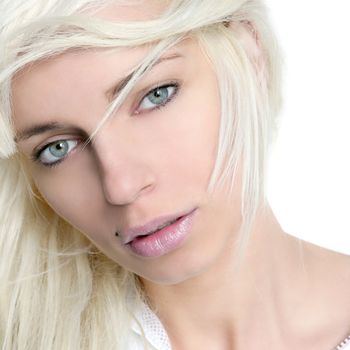 beautiful blonde girl fashion wind long hair over white