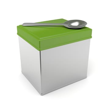 Metal box and spoon on white background