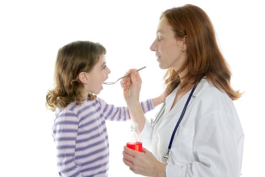 Doctor pediatrician woman spoon medicine little girl
