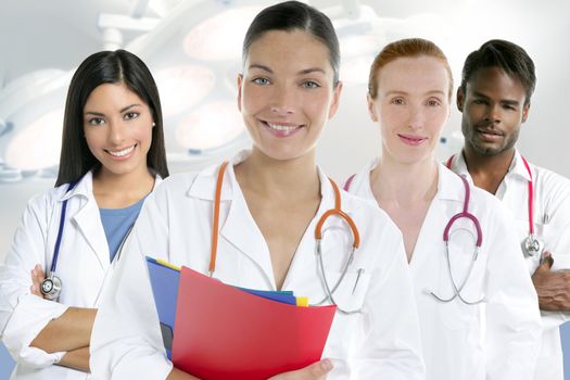 Doctors team group in a row on white background men and women doctor