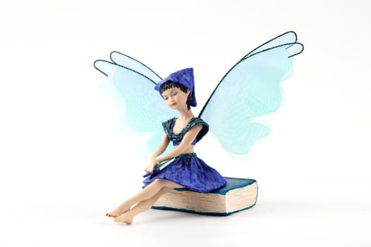 Small fairy sitting on book white background