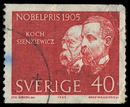 SWEDEN - CIRCA 1965: A stamp printed in Sweden showing nobel awarded scientists 1905 years, circa 1965