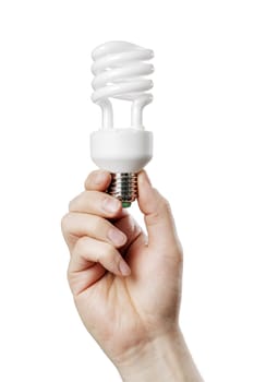 Man holding Compact Fluorescent Lamp Bulb in his hand.